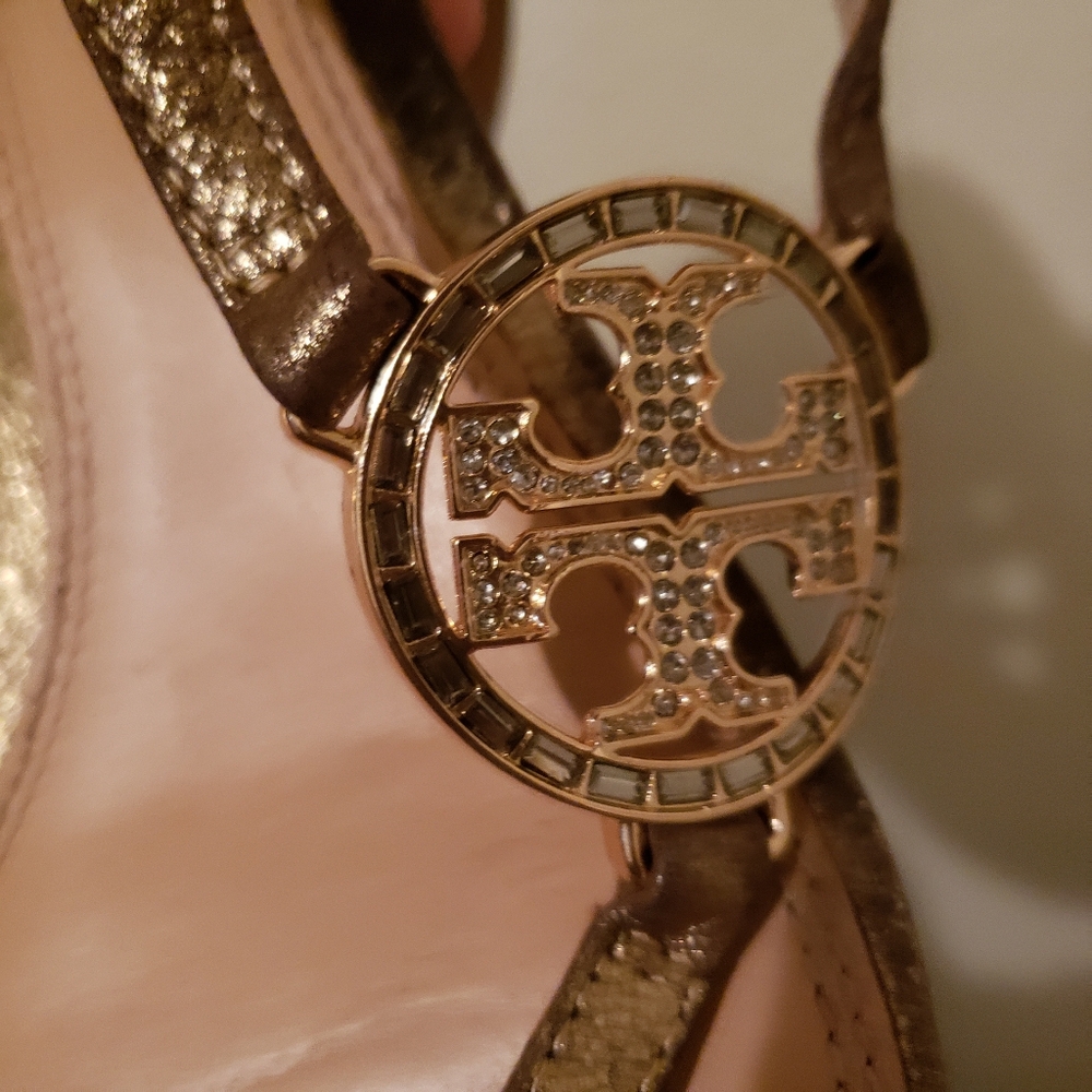 Tory Burch 9.5 Mini Miller Burnished Glod Metallic Embellished Block Heel - Picture 6 of 11